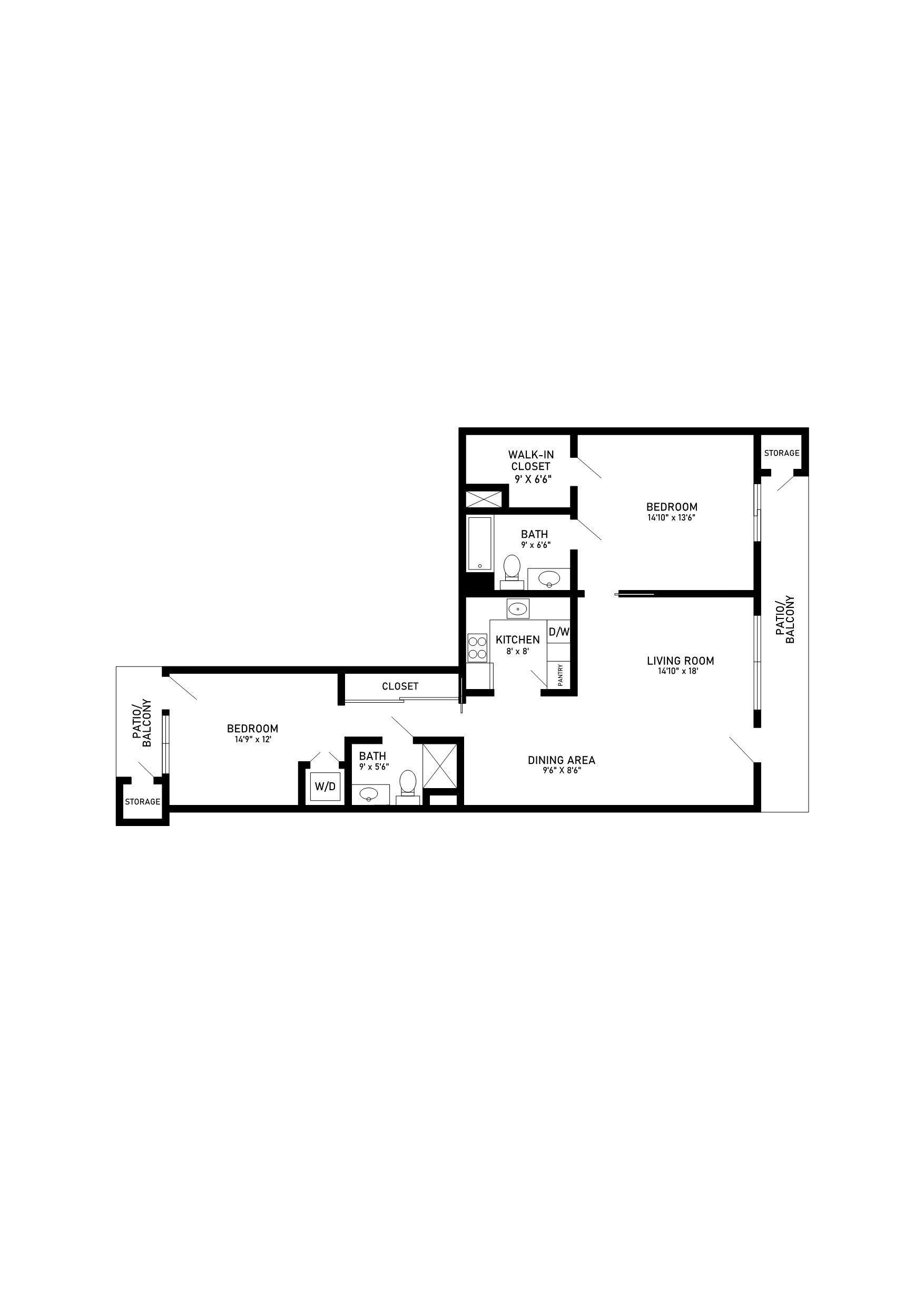 Two bedroom two bathroom deluxe floor plan