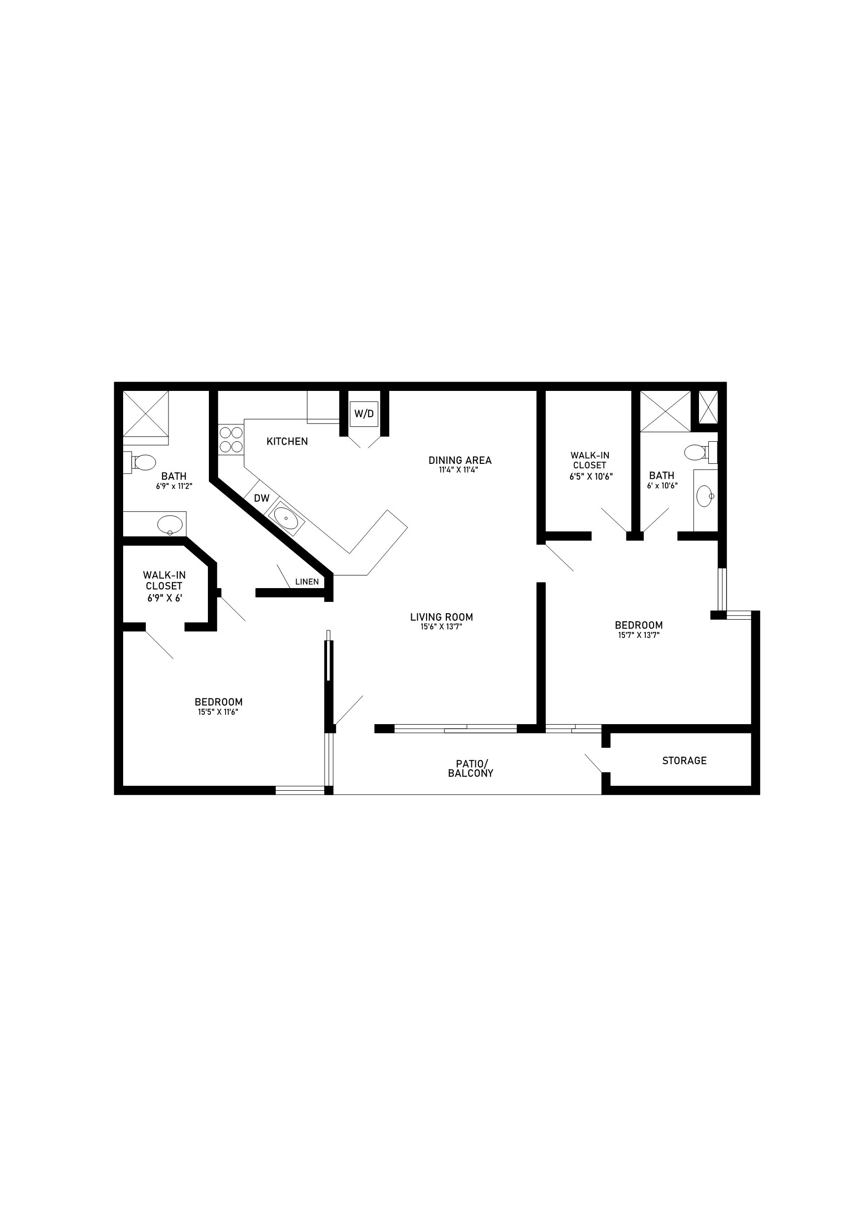 Two bedroom two bathroom deluxe floor plan