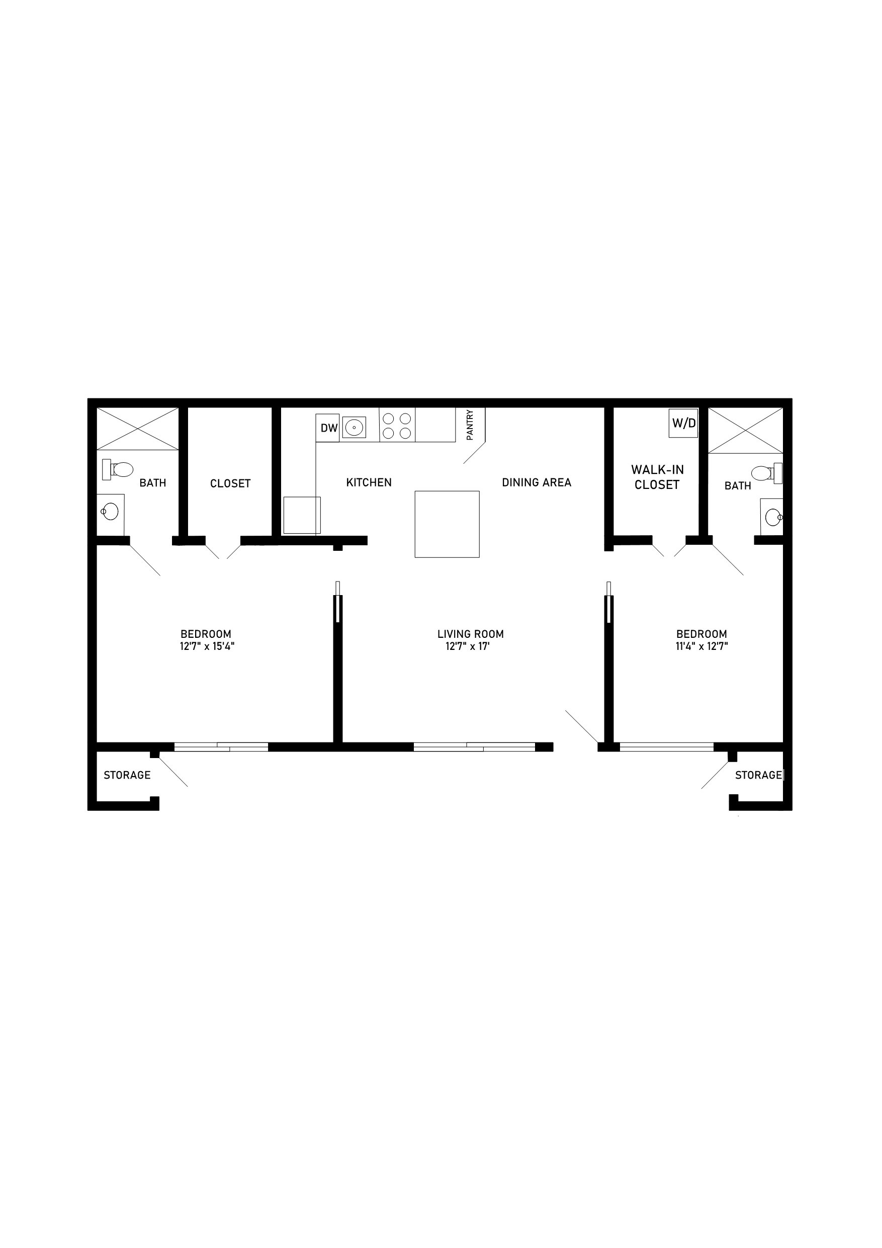 Two bedroom two bathroom deluxe floor plan