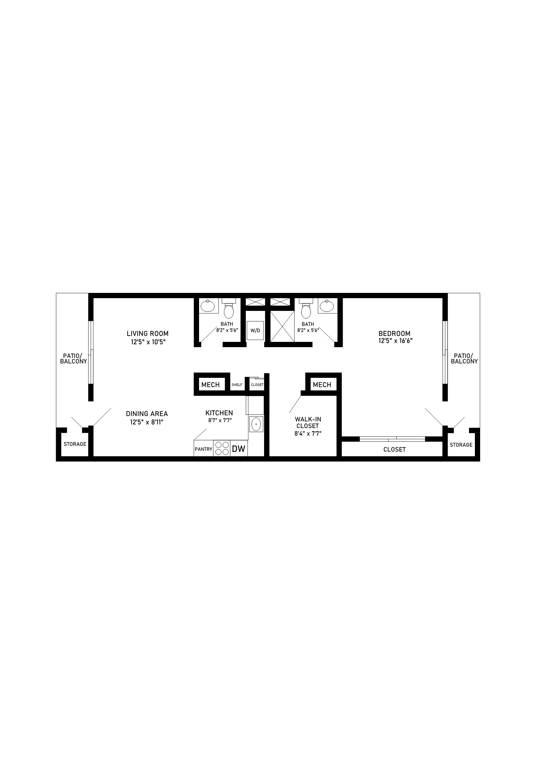 One bedroom one and a half bathroom floor plan