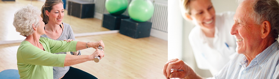 Senior with woman lifting weights while a nurse assists senior man