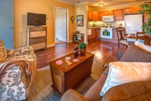 Open concept living room and kitchen apartment with wood floors