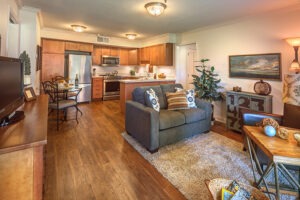 Open concept living room and kitchen apartment with gray couch in the center of the room